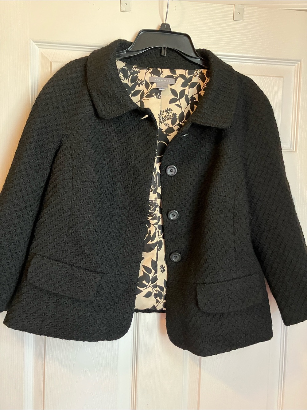 Ann Taylor Black Jacket with Ivory and Black Floral Lining
